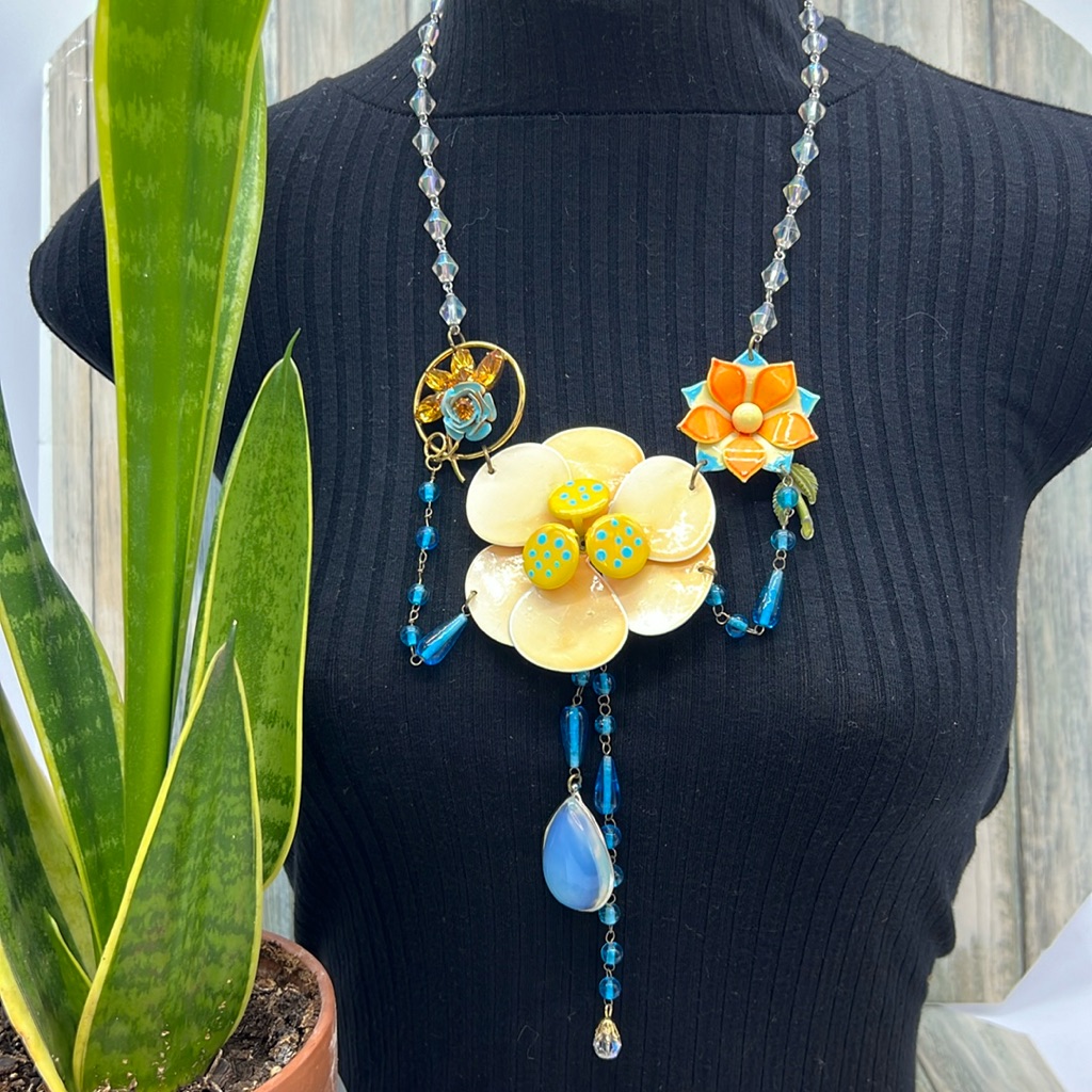 Adorned Crown Jewelry Artisan Assemblage Enamel Flower Bib Beaded Necklace